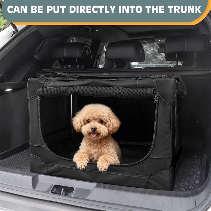 24 inch Small Dog Crate - for Small Dogs, Portable Travel Pet Crate with 4 Mesh Doors, Foldable Car Kennel for Puppy with Handle for Indoor and Outdoor, Black