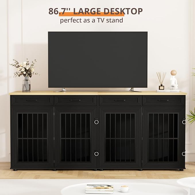VOWNER 87" Dog Crate Furniture for 2 Dogs, Double Dog Cage Furniture, Black | Extra Large Wooden Dog Kennel with 4 Drawer, Removable Divider, Furniture-Style TV Stand, XXL Dog Crate for Large Medium Dogs