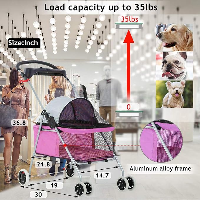 4 Wheels Pet Stroller,Dog Cage Protable Travel Folding Carrier Cart Waterproof Buggy Doggie Dog Stroller Jogger with Cup Holders for Small-Medium Pink