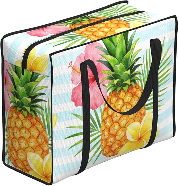 48.7L Moving Totes Pineapple With Tropical Flowers On Blue Stripes, Sturdy Waterproof Storage Totes with Comfortable Carry Handles for Moving & Storage and Seasonal Clothes