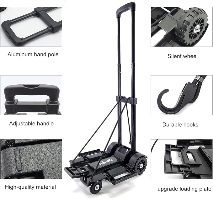 Folding Hand Truck Small Dolly,Foldable Utility cart with 4 Wheels | 2 Elastic Ropes,Foldable cart,Backpack Trolley,Car seat dolly for airport,Travel,Moving,Shopping Lightweight for Women