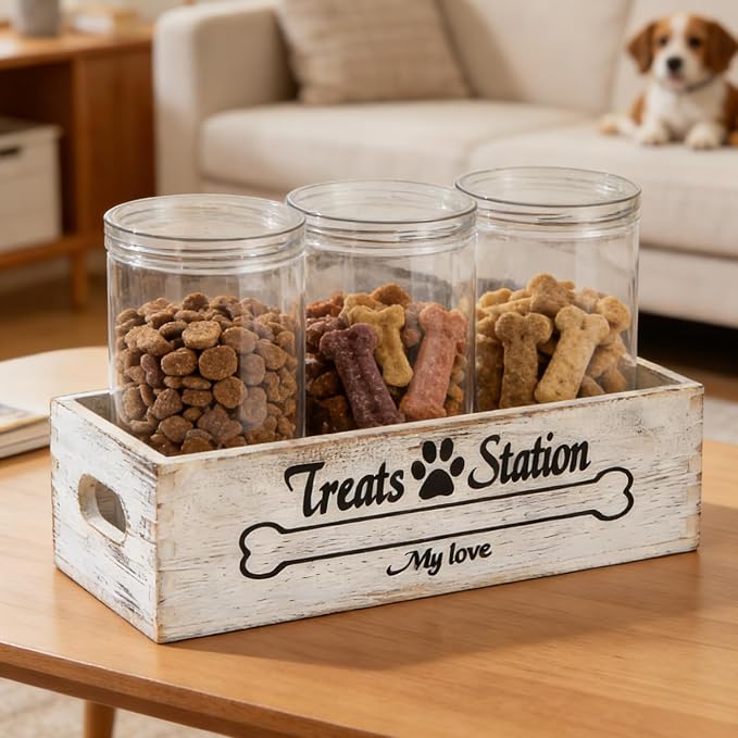 Dog Food Storage Container Pet Treat Organizers with 3 Jars Dog Stuff Dog Treat Container for Countertop Farmhouse Decor Gift for Pet Dog Cookie Cat Treat Jar