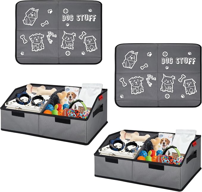 Dog Toy Box with Lid and Removable Divider, 19" Collapsible Toy basket and Handle，600D Fabric Cute Puppy Organizer for Pet Toys and Accessories - Grey - 2pcs
