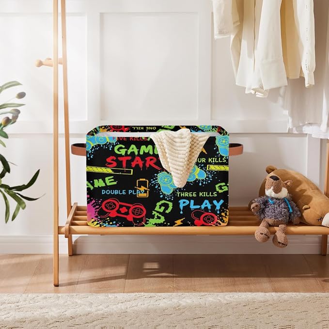 Rectangle Storage Basket with Handles, Cube Organizer Bins for Shelves Collapsible Toys Storage Box Clothes Baskets for Nursery Home Kids Room(Game)
