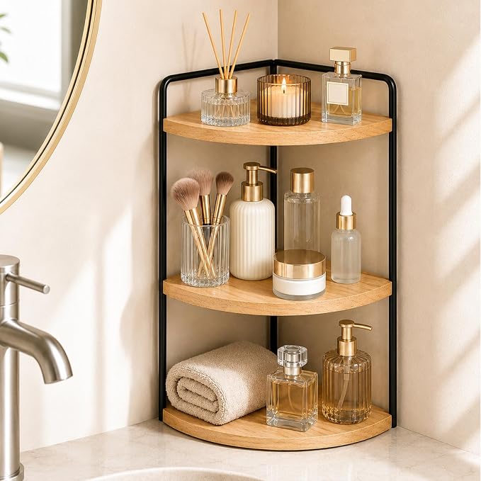 3-Tier Corner Bathroom Countertop Organizer, Solid Pine Wood Vanity Shelf | Natural wood solid pine shelves with 6.3 in clearance for tall bottles, skincare, perfume, and daily essentials.