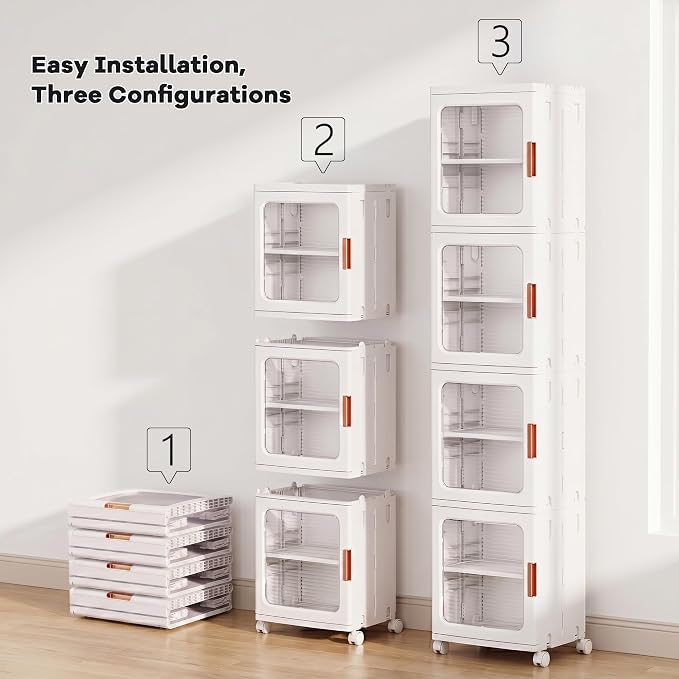 4-Tier Tall Narrow Plastic Storage Cabinet, Foldable | Rolling Organizer with Lid,4 Doors,2 Adjustable Shelves,Stackable,Durable PP,Freestanding Bathroom Cabinet for Slim Space