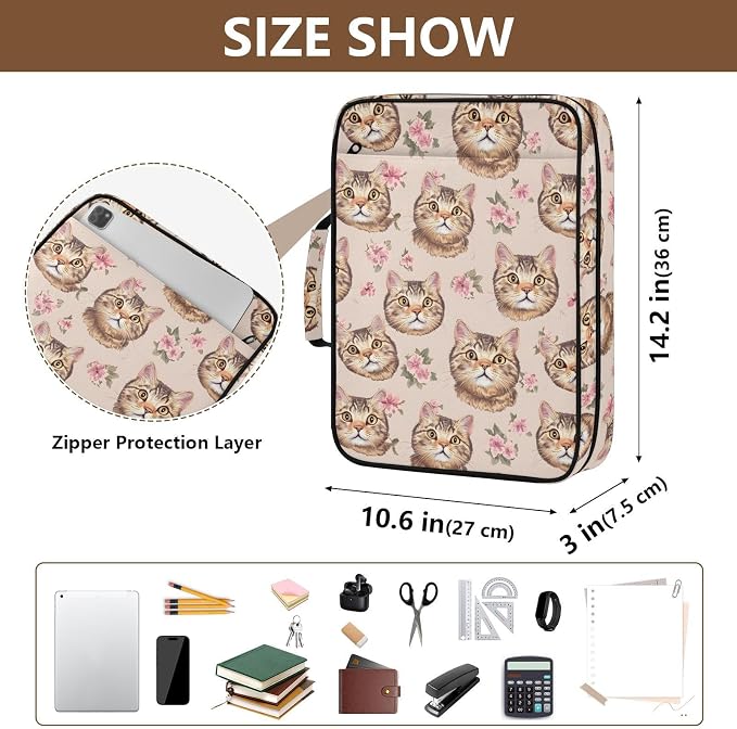 SUABO Pet Cat Flower Expanding File Folder Binder Bag | Accordion File Organizer with Zipper & Labels, 3 Ring Binder, Multi Pockets for Office School Home Portable Lightweight