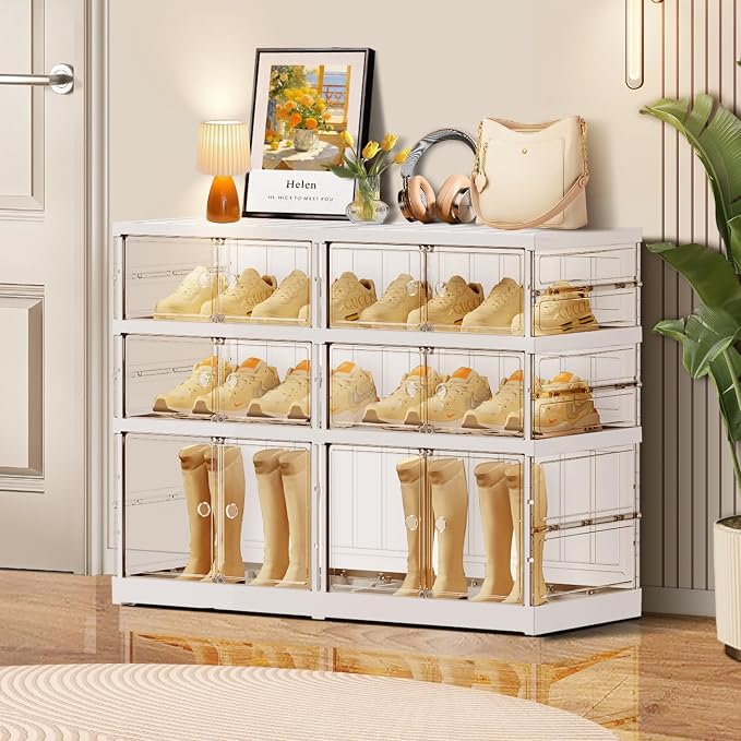 CIMLORD 3-Tier Foldable Shoe Rack, Magnetic Clear Doors, 12 Pairs, White | Collapsible Plastic Shoe Cabinet, Stackable, Lidded, Tool-Free Assembly, Fits Boots & Sneakers, Closet & Entryway