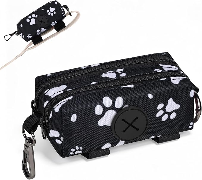 Dog Poop Bag Holder for Leashes 2 Zipper Pockets Black 1 Pack