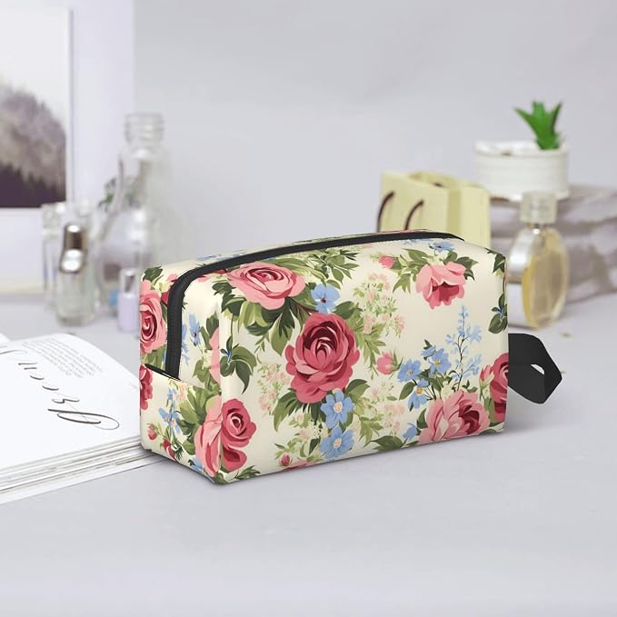 Vintage Rose Flower Makeup Bag - Durable 600D Oxford Fabric Travel Cosmetic Bag, Shockproof Foam Padded Toiletry Organizer for Gym & Daily Use 10x6.2x4.9 Inch