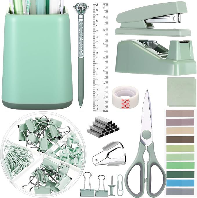 Marspark 12 Pcs Sage Green Desk Accessory Set Office Supplies Kit | Stapler Tape Dispenser Pen, Scissors Ruler Staple Remover Clips Sticky Notes, Sage Green Desk Supplies, Stationery Kit
