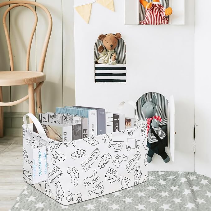 Rectangular Collapsible Vehicle Storage Basket Nursery Organizer | Storage Bin Foldable Canvas with Handles for Organizing Home Kitchen Children Toys Office Closet Shelf Baskets
