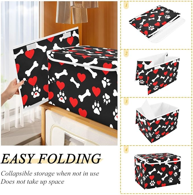 Bone Paw Fabric Storage Bins with Lid Foldable Storage Boxes 40L Baskets | Decorative Storage Boxes, Foldable & Stackable, Dust-Proof Flip Top, Reinforced Handles, For Home & Dorm, Clothes & Toy Box