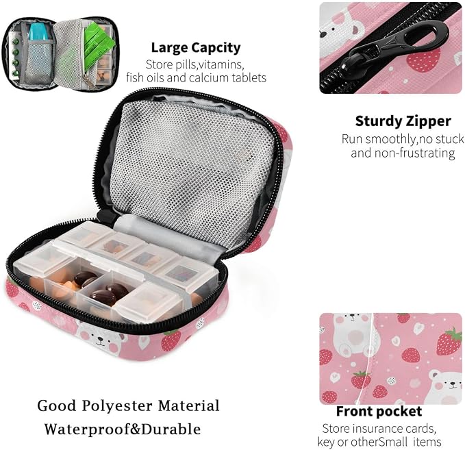 Fustylead Cute Cartoon White Bear and Strawberry Pill Organizer for Purse, Weekly Portable Pill Box with Zipper to Storage Vitamins Fish Oils Medications Supplements