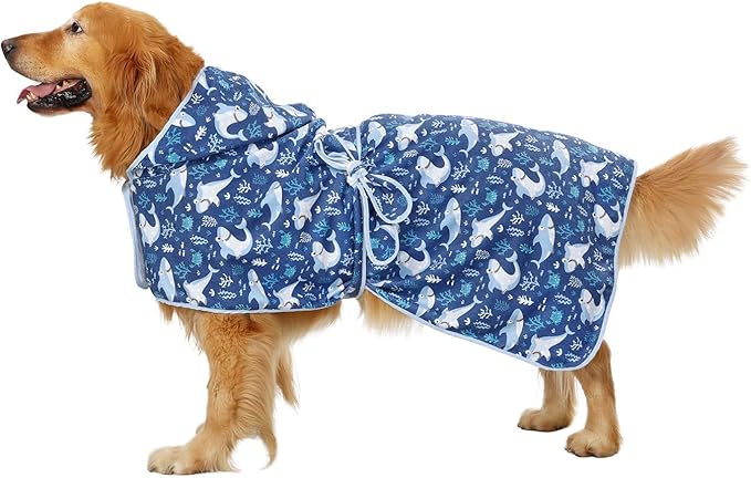 HDE Dog Bathrobe Super Absorbent Quick Drying Puppy Towel Wrap Coat Adjustable After Bath Robes with Hood for Dog Sizes S-XXL Sharks XXL