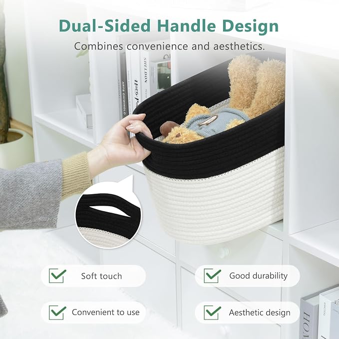 ECDYQXVU 15x10x9 Inch Woven Cotton Rope Storage Basket, 2 Pack | Foldable Design, Built-in Handles, Space-saving Organizer for Living Room, Bedroom, Laundry, Shelves, Clothes, Towels