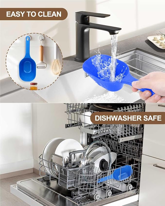 2 Pack Dog Food Scoop, 1 Cup Pet Food Scoop With Measuring Lines (Blue) | Clear Markings for Precise Measuring 1/2 and 1 Cup Lines,Dishwasher Safe,Plastic,Portable and Sturdy