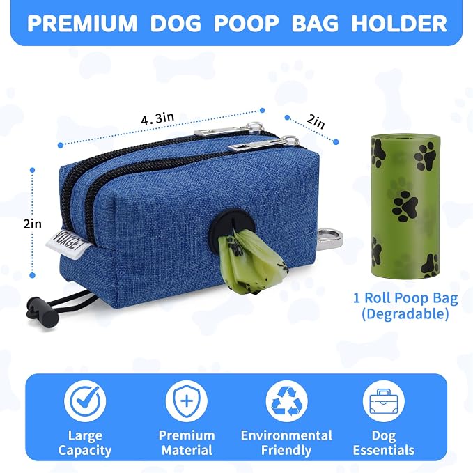 Dog Poop Bag Holder with Treat Pouch, 2 Zipper Pockets & Leash Clip | Waste Bag Dispenser with 1 Roll Poop Bags, Quick Access Treat Storage, Hands-Free Design for Dog Walking, Training & Travel
