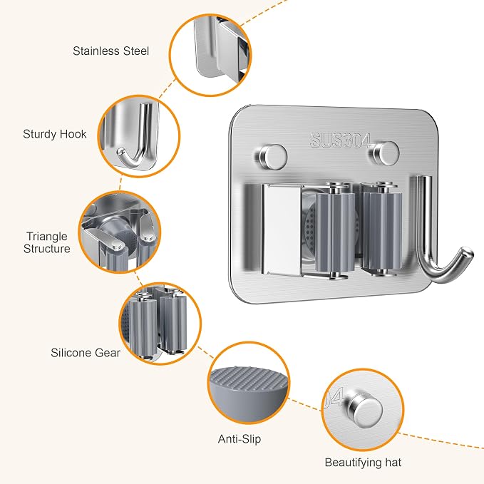 4 Pack Stainless Steel Heavy Duty Broom Holder Wall Mount with Hook, Silver | Screw Drilling Mop and Broom Hanger, Single Storage Rack for Laundry Garage Closet Garden Tool Organizer