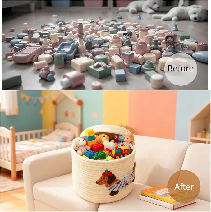 Cute Dog Cotton Rope Storage Basket with Lid, 10"×10"×9" Woven Storage Bin, Large Capacity Dustproof Toy Organizer, Decorative Laundry Hamper for Living Room, Nursery, Kids Room (Large)