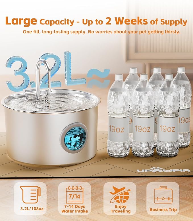 3.2L Cat Water Fountain Stainless Steel with 20 Filters Automatic Pet Water Fountain for Cats/Dogs Indoor Ultra Quiet Metal Cat Fountains for Drinking Kitty Watering Supplies for Animals