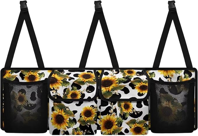 Dreaweet Sunflower Cow Print Trunk Organizer for Car Women Collapsible Car Trunk Backseat Organizer Large SUV Hanging Storage Bag with Pockets Cute Car Storage Accessories Interior