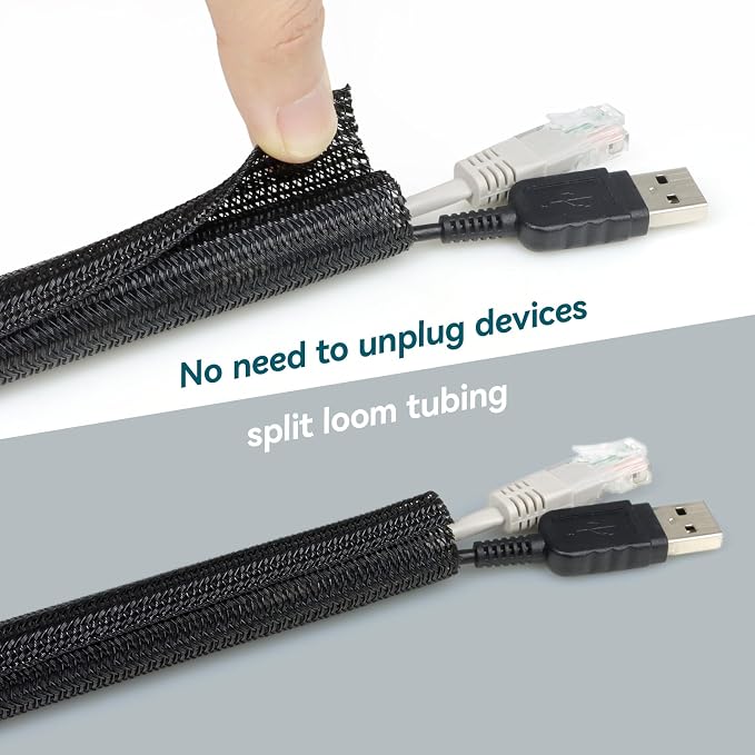 Wire Loom Tubing, 10ft Split Braided Cable Management Sleeve, Flexible Mesh Cord Protector Cable Sleeve for TV Computer (Black, 3/16")