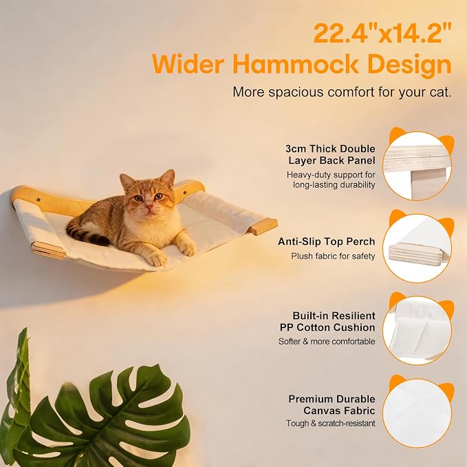 Wall-Mounted Cat Hammock with 2 Wooden Perching Steps—a Suspended Solid Wood wall-Mounted cat Shelf Set Suitable for Indoor Climbing beds for Kittens, Small, Medium, and Large Cats