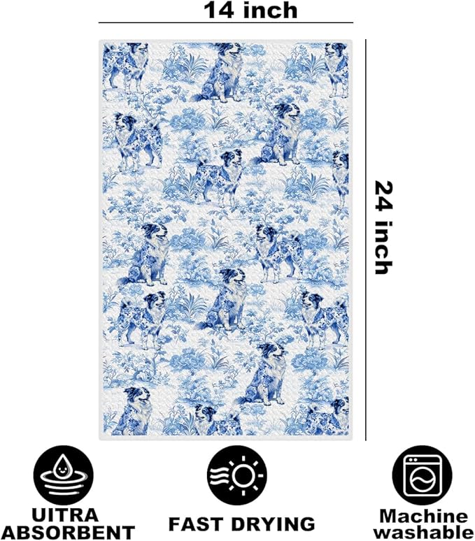 Chinoiserie Border Collie Kitchen Towels 24x14 Inch, Border Collie Gifts Reusable Dish Towels for Kitchen Decor, Blue and White Floral Waffle Weave Botanical Hand Towel, Funny Dog Gifts for Women Mom