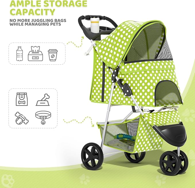 Magshion 3-Wheel Pet Stroller for Small/Medium Dogs & Cats, Up to 33lbs | Foldable Travel Jogger w/ Breathable Mesh Cover, Lightweight Design, Safety Tethers, Cup Holder & Storage Basket