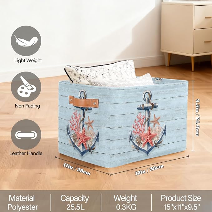 Pardick Storage Baskets Bin, Woodanchor Starfish Collapsible Canvas Fabric Storage Bin Decorative Baskets Toy Organizer Rectangle Storage Boxes with handles for Home Shelves Nursery,Q-5