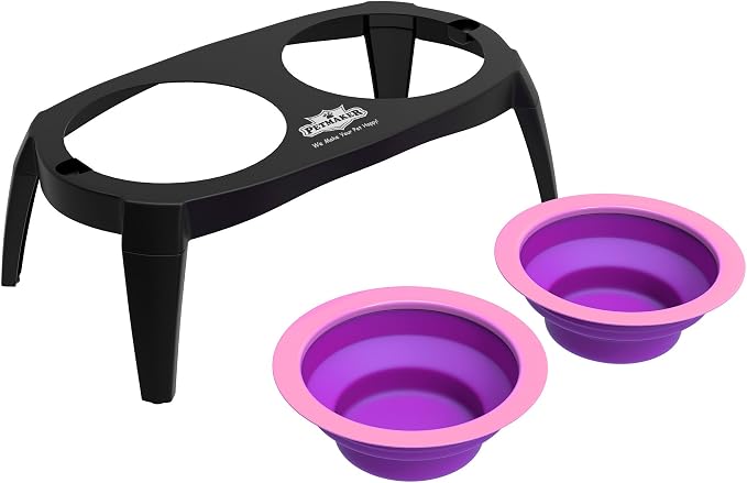 Elevated Cat and Dog Food Bowls with Non-Slip Stand - Removable and Collapsible Silicone Feeder for Food and Water - 16-Ounces Each by PETMAKER (Pink)