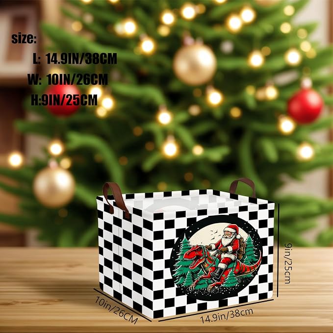 Empty Large Christmas Basket for Gifts Women Collapsible Storage Bin Kids Toy Box Holiday Décor (Checkered Dinosaur)