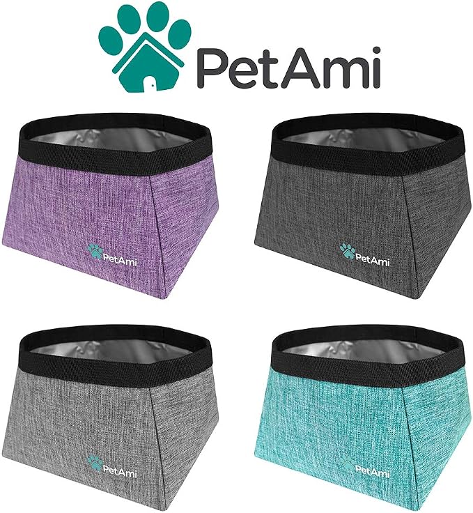 PetAmi Collapsible Dog Travel Bowls, Large Lightweight Foldable Bowl, Water Food Bowls for Pets Dogs for Hiking, Camping, Backpacking, Kibble, 2 Pack (Sea Blue, Grey)