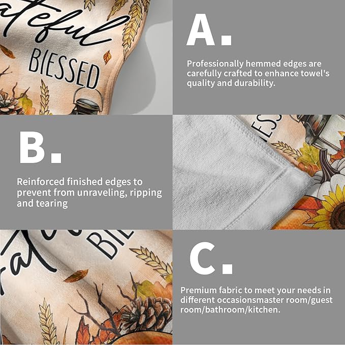 Giwawa Fall Autumn Towel Set of 2 Thankful Grateful Blessed Pumpkins Sunflowers Hand Face Towels Thanksgiving Harvest Soft Microfiber Gym Spa Dish Towel for Bathroom Guest Hotel Season Decor