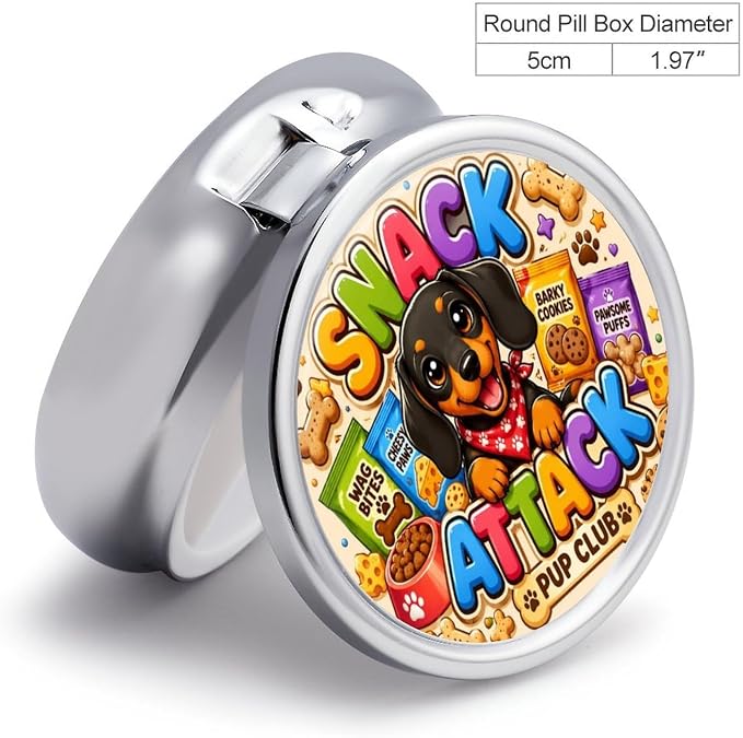 Snack Pup Party Fun Round Pill Box with 3 Compartments, Portable Travel Pill Organizer with Spring Snap Closure for Vitamins Supplements Fish Oil