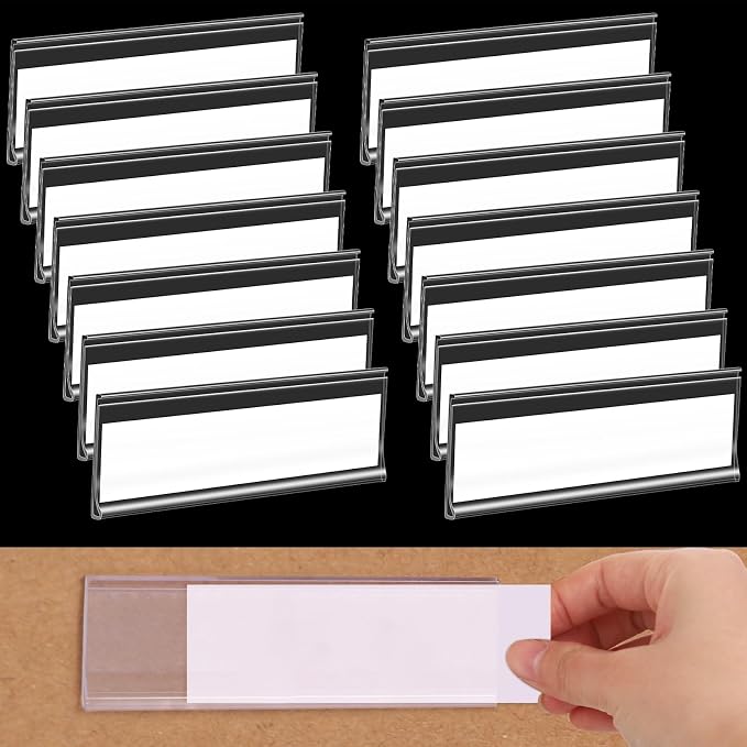 60 Set Shelf Labels, 3 x 1in Adhesive Label Holders with White Paper Tags | Includes 60Pcs Paper Tags and 60Pcs PVC Clear Label Holders for Bookshelf, Shelves, Mailboxes, Waterproof, Strong Adhesive