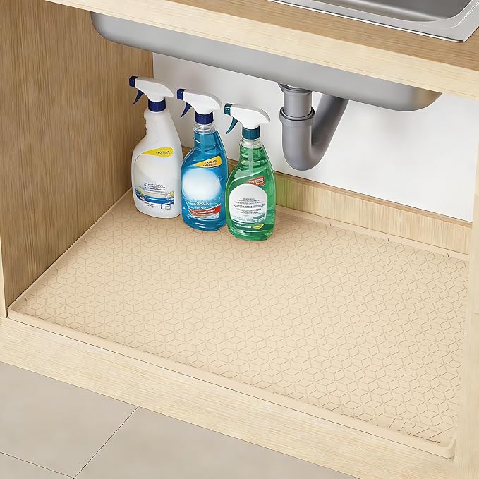 TRZZ Waterproof Under Sink Mat, 34"x22", Drip Tray Shelf Liner, Beige | Silicone, Cabinet Protector, Home Organizer, for Kitchen, Bathroom, Multipurpose, Easy Clean, Leak Proof, Organizes Cabinets