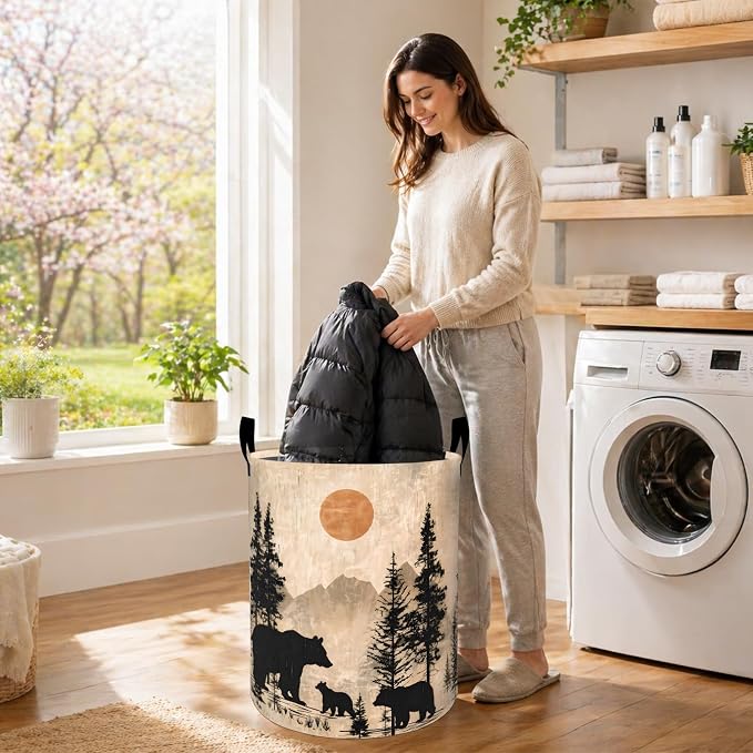 Vintage Bear Laundry Basket, Mountain Forest Wildlife Oxford Cloth Dirty Clothes Collapsible Hamper for Room Decor, Rustic Gifts, Toy Organizer 19.7 x 15.7 Inches for Bedroom Bathroom Dorm