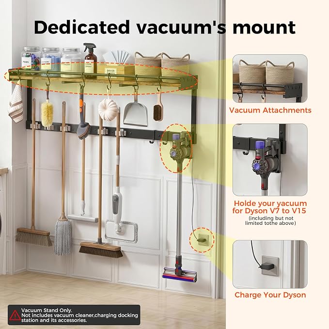 Broom Holder Wall Mount with Shelf,Broom Hanger,3 in 1 Broom and Mop Organizer Wall Hanging for Laundry,Garage,Utility,Broom Rack,Vacuum Stand Alternative,Cleaning Supplies Organizer Storage,Black,XL