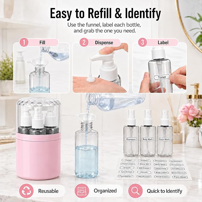 4-in-1 Travel Dispenser with 4 x 50 mL Bottles, Pink | 4 refillable 50 mL bottles, pump and spray tops, included label stickers, compact design for toiletries, travel, gym