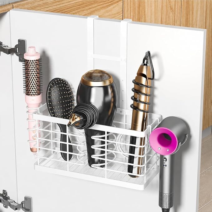 2026 Upgraded 3-in-1 Universal Hair Tool Organizer, XL Size, White | Adjustable Height Metal Hair Dryer Holder, Wall Mounted, Over Cabinet Door, Countertop, Bathroom Storage
