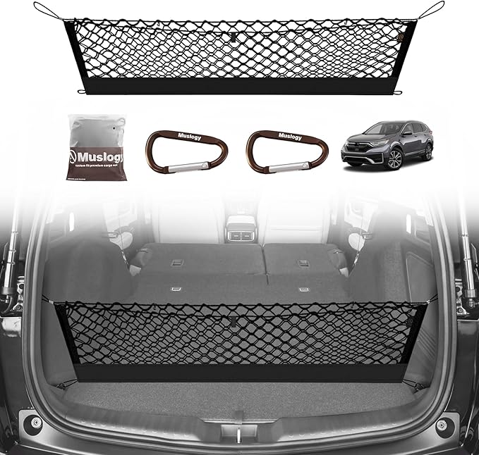 Muslogy Cargo Net for 2017-2022 Honda CR-V Accessories | Custom Fit, Trunk Storage Organizer Net for SUV Sedan Van Divider, with Heavy Duty Carabiners, Night Visible Grab Handle