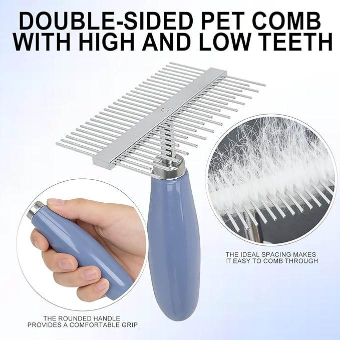 Blue Pet Double-Sided Row Undercoat Rake Comb with Handle Dog Dematting Comb for Shedding Fine Tooth Comb Pet Grooming Tool for Long-Haired Dogs Cats Gentle Remove Loose Hair Knots Tangles