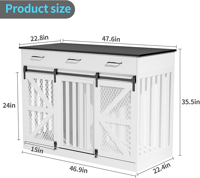 Spacesea Large Dog Crate Furniture with Sliding Barn Door, 48" Wooden Dog Kennel Indoor End Side Table for Home Decor, Removable Divider, 3 Drawers, Furniture Style Dog Crate TV Stand