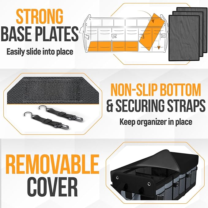 FORTEM Trunk Organizer - Collapsible Car Organizer & Storage Bag for SUVs | Car Accessories for Men & Women, Cooler Bag, Non Slip Bottom, Straps, Soft Cover, 1680D Oxford, 6 Compartments, Grey, 110L