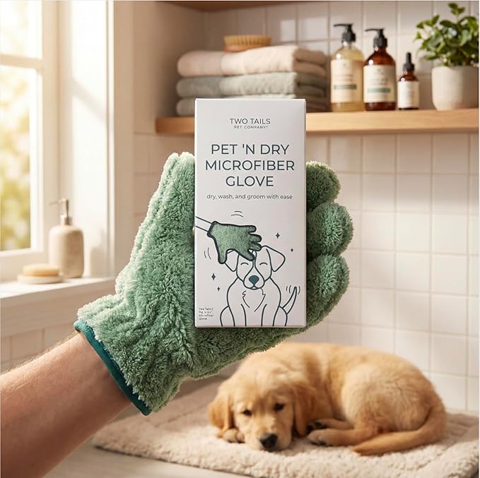 Two Tails Pet Company Pet N’ Dry Microfiber Gloves, Absorbent Dog Drying and Washing Gloves for Paws, Faces, and Coats, Soft, Lightweight, Fast Drying, Gentle on Sensitive Fur, Grooming Dog Supplies