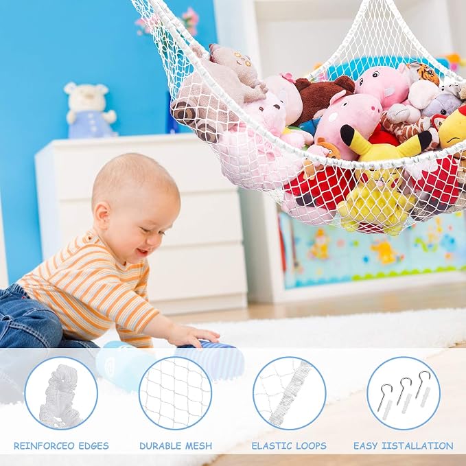 Stuffed Animal Hammock, Toy Hammock Storage Net, LXUNYI Mesh Toy Net Holder Jumbo Wall Corner Giant Baby Kids Children Stuff animals Hammocks Net Organizer for Bedroom (White, 84 inch)