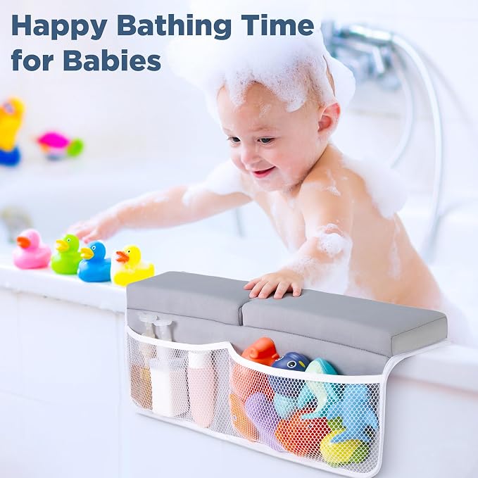 beiens Bath Kneeler and Elbow Rest Pad Set, 1.5 Inch Thick Memory Foam Mat | Quick-dry, Non-slip, 6 Suction Cups, 4 Toy Organizer Pockets, Machine Wash, Foldable Bathtub Kneeling Pad for Bathing Baby