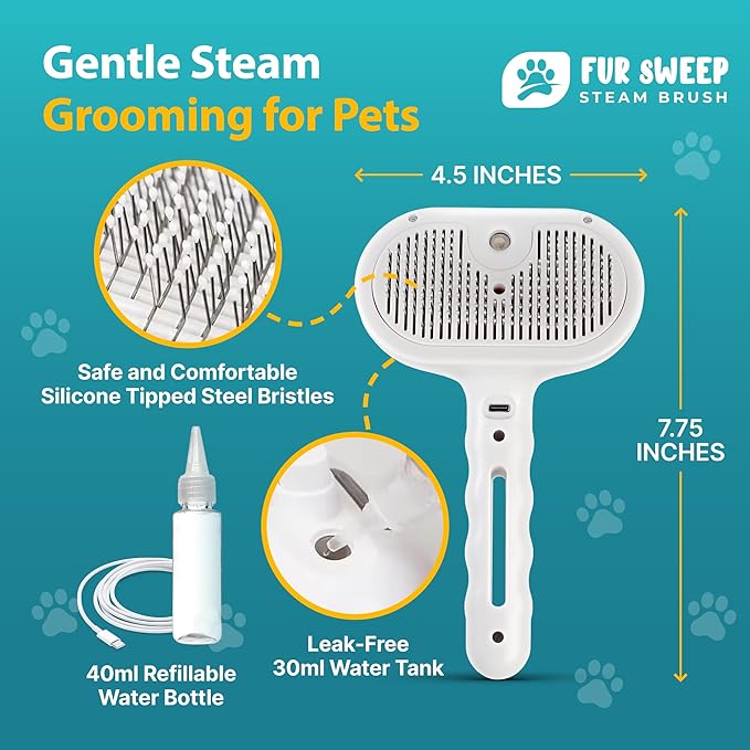 Fur Sweep Steam Brush For Dogs Comb for Grooming Cat Brush For Shedding, Self Cleaning Deshedding Tool, Anti Static Mist, Rechargeable, Slicker Comb for Long and Short Haired Pets, Gentle Fur Remover